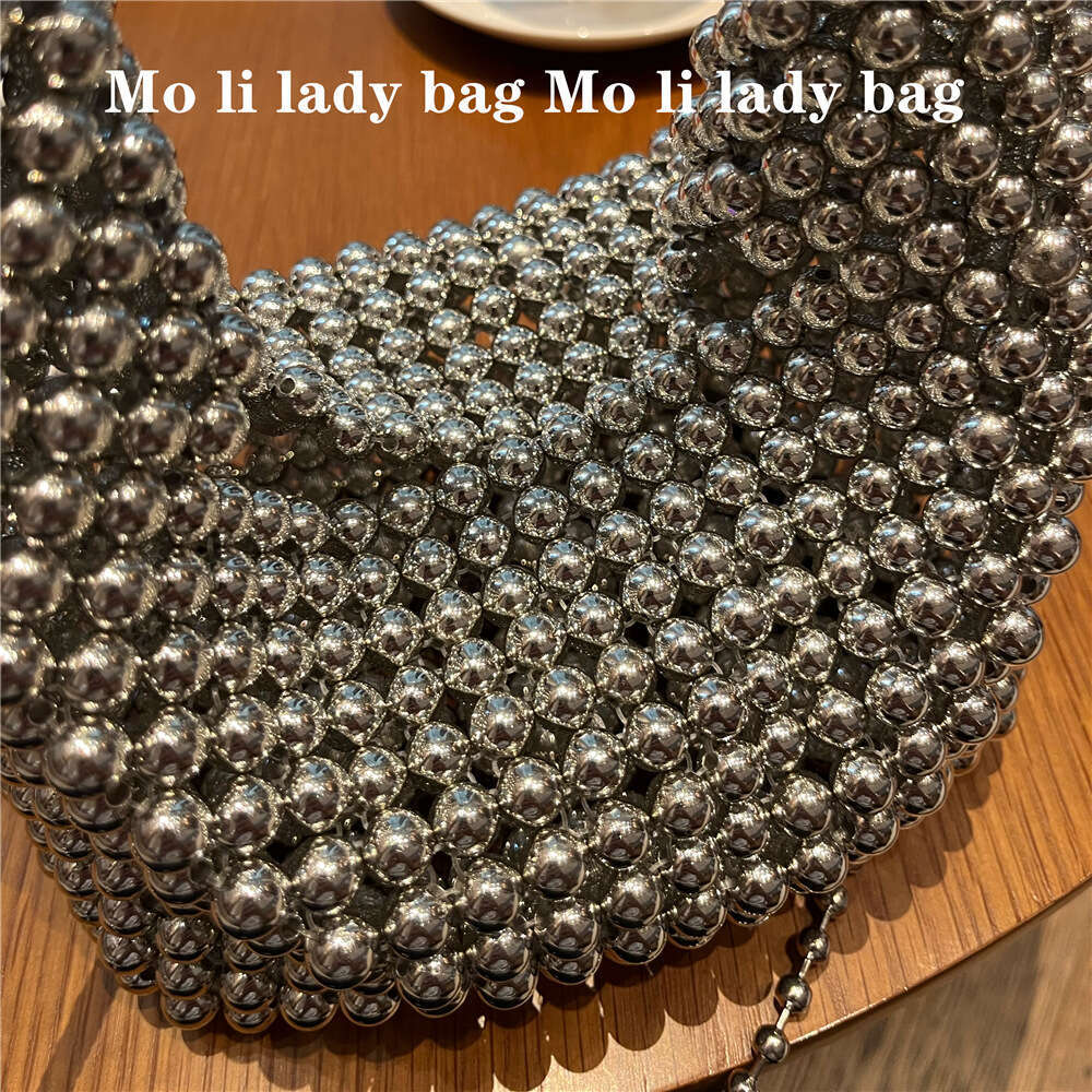 Women's Bags fashionable and high-end silver sparkling bead hand woven Boston handbag diagonal cross bag
