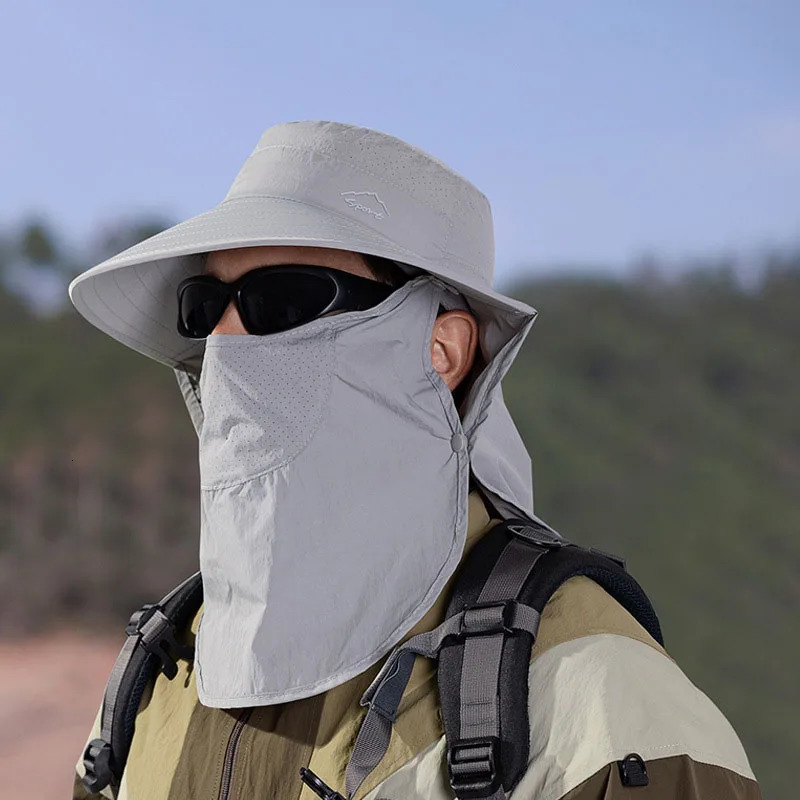 Outdoor Fishing Mountaineering Fisherman Hat Summer Men Face Mask Sunblock Large Brim Shawl Visor Bucket Hats Camping Hiking Cap 250218