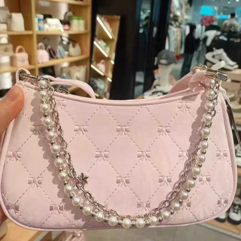 Pink Womens Shoulder Bag Elegant Cute Bow Pearl Chains Bow Embroidery Handbag Casual Leather Korean Female HandbagXJ250227