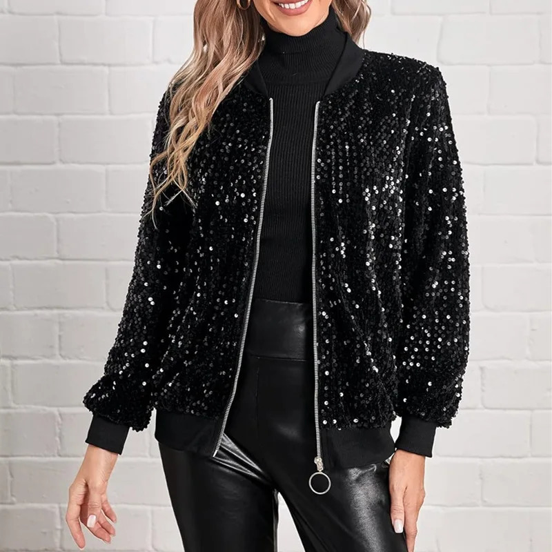Womens fashionable Oneck long sleeved zipper cardigan top casual version solid color jacket street shiny sequin baseball 250227