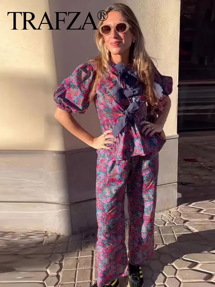 TRAFZA Floral Print Blouse Pant Suit For Women Bow Lace Up O Neck Shirts Casual High Waist Straight Trousers Female Streetwear 250226