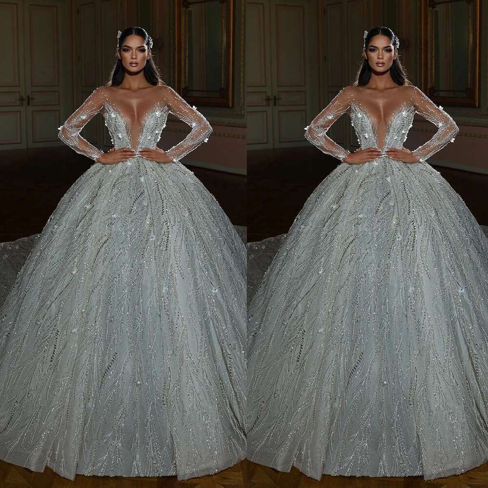 Sparkly Ball Gown with Sequins Beads, Backless Court Zipper Dress, V-neck and Sleeves, Custom Wedding Dresses