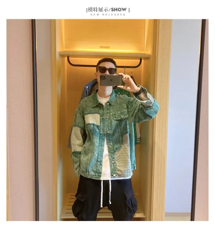 Mens Jean Coats Splicing Geometry Autumn Mens Denim Jacket Green American Retro Autumn Denim Jacket Korean Fashion Y2K Clothing 250225