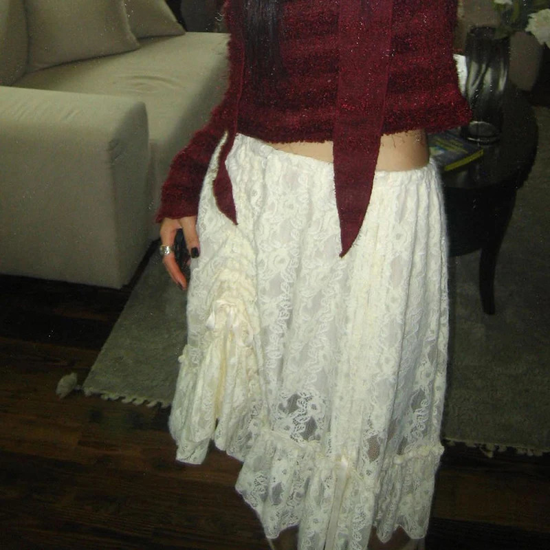 CIBBAR Fairycore Lace Transparent Skirt y2k Vintage Drawstring Bandage Low Rise Midi Skirts Women 2000s Harajuku Ladies Clothing 250226