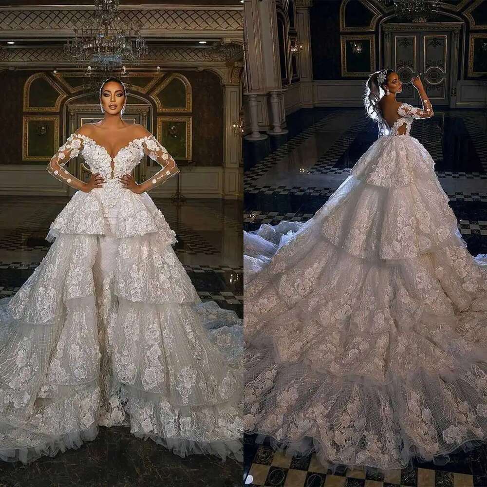 Mermaid Dresses, 3D RAL Applique Lace, Detachable Train, Layered Tulle, Sleeveless Bridal Dress, Custom Made