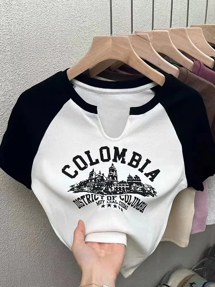 Casual O-neck Short Sleeve Letter Print T-shirt Summer Cute Female Tee Y2K Clothes Bodycon Tunics Crop Tops Fashion Tank Top 250227