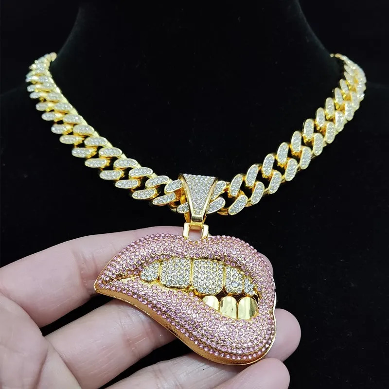 Men Women Hip Hop Bite Lip Shape Pendant Necklace with 13mm Crystal Cuban Chain Iced Out Bling HipHop Necklaces Fashion Jewelry 250227