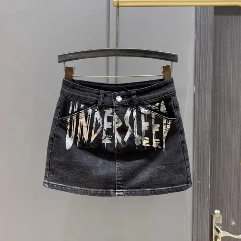 DEAT Womens Denim Skirt Letter Printed Coated A-line High Waist Slim Wrap Hips Mini Skirts Spring 2025 Fashion 29L9631 250226