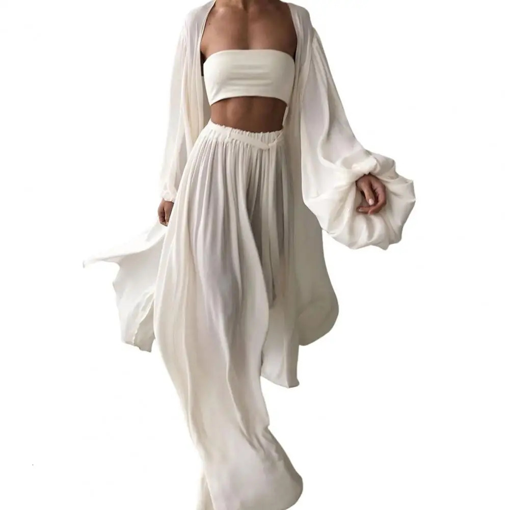 Fabulous with Belt Elastic Waist Lantern Sleeves Wide Leg Women Autumn Suit Long Sleeve Coat Lady Pants Set Women Clothes 250226