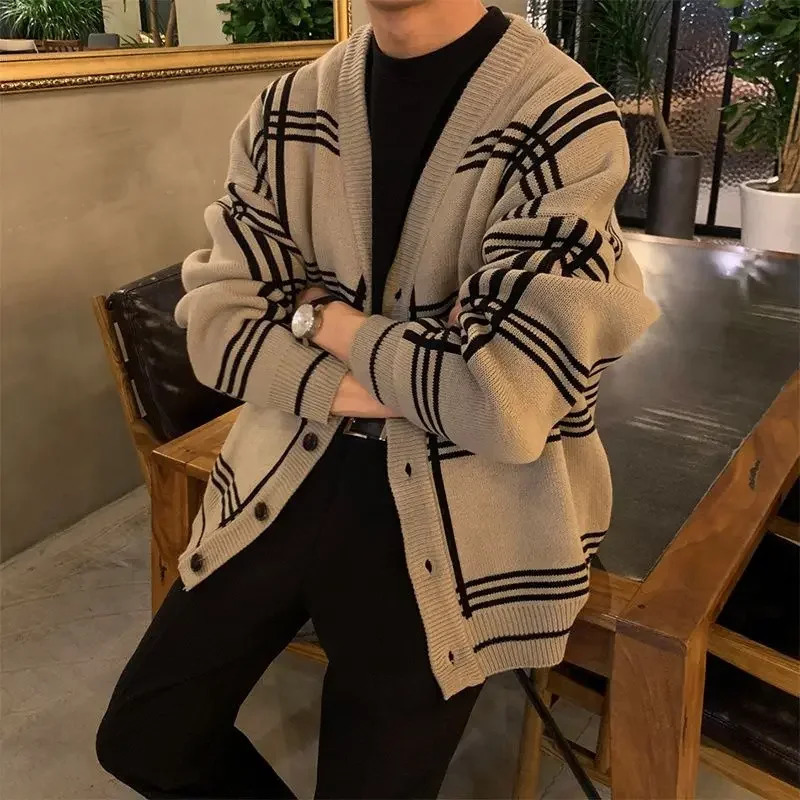 Vneck Knitted Open Collar Mens Fashion Loose Lazy Style Minimalist Checkered Sweater Casual High End Jacket Top 250226