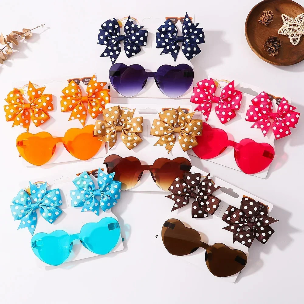 3Pcs/set Kids Cute Solid Dot Hairpin Colorful Heart Sun Glasses Set Girls Boutique Bowknot Hair Clips Children Hair Accessories 250227