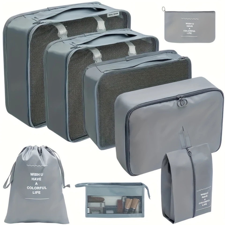 Ship from US 8 Set Packing Cubes Lightweight Grey Travel Luggage Organizers With Cosmetic Bag Compression Shoe Clothing Underwear S 250227FBB