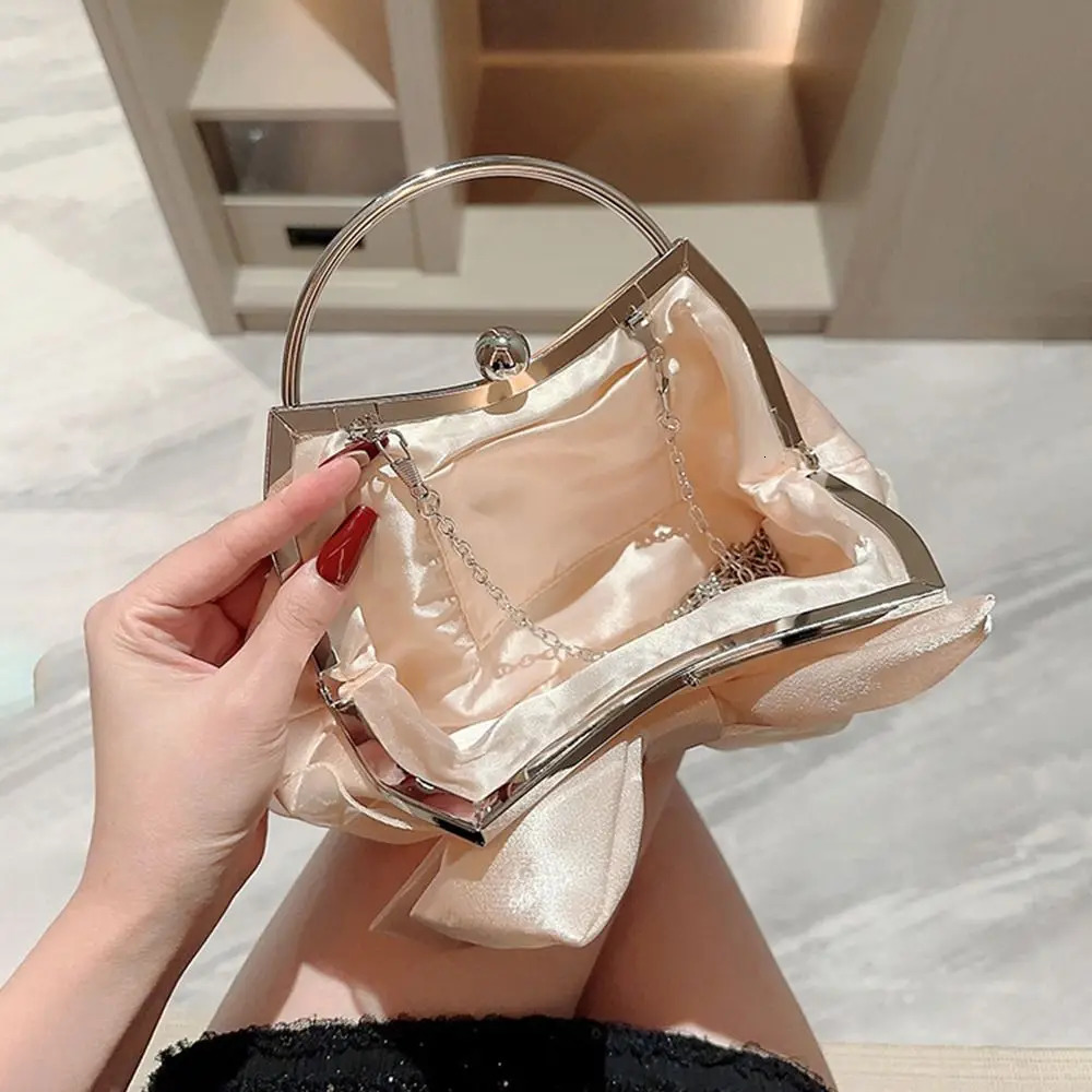 Golden silk bow evening bag for womens elegant and fashionable banquet clutch chain shoulder y wallet party handbag 250226