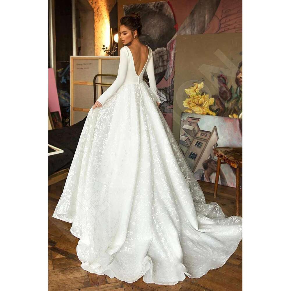Elegant Lace Appliques Wedding Dresses A E Sexy V Neck Long Sleeves Satin Backless Bridal Gowns Vestidos De Novia Customized