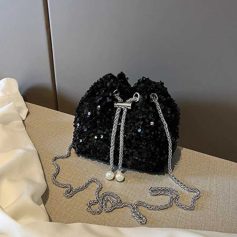New Arrival Trendy Korean Silver Black Sequin Bucket Bag Prom Party Metal Chain Shoulder Bag Crossbody For Women Fashion Clutches Handbags T250227