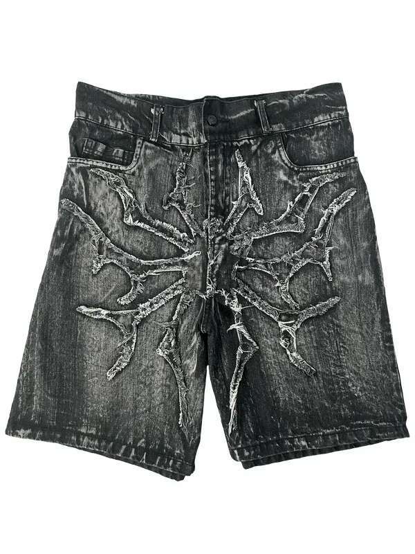 American Retro New Y2k Antique Patchwork Embroidered Irregular Denim For Men And Women Loose Haruku Casual Men's Shorts