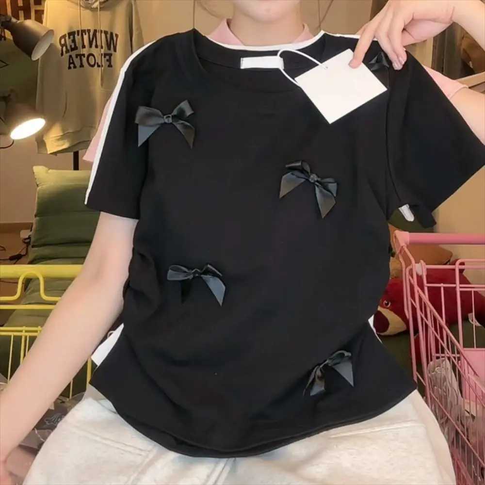 Elegant ballet bow T-shirt round neck Japanese style womens top solid color short sleeved ribbon crop vest womens topT250320