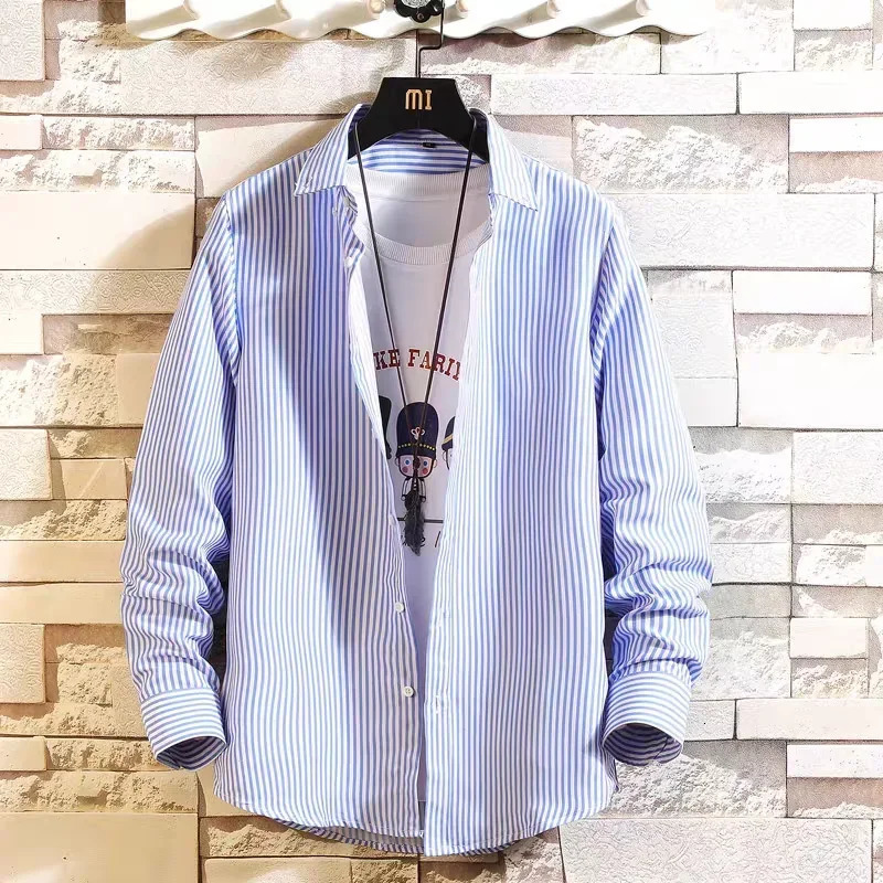 Fashion Long Sleeves Shirts Man Mens Clothing Check Shirt Korean Reviews Clothes Stripe Pattern High Quality 250224