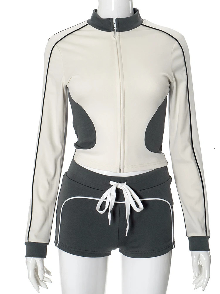 Weird Puss Tracksuit Women Patchwork 2 Piece Set Fall Trend Sporty Zipper Crop JacketShorts Casual Hipster Matching Skinny Suit 250226
