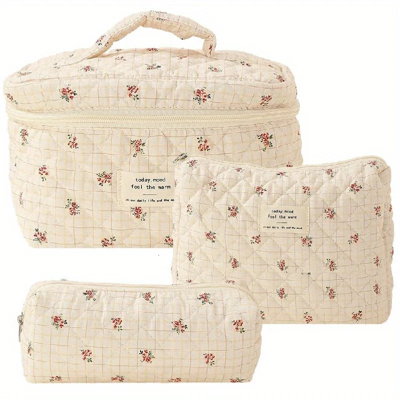 Ship from US 3Pcs Cotton Quilted Makeup Bag Coquette Large Travel Cosmetic Aesthetic Cute Kawaii Floral Toiletry 250227FBB