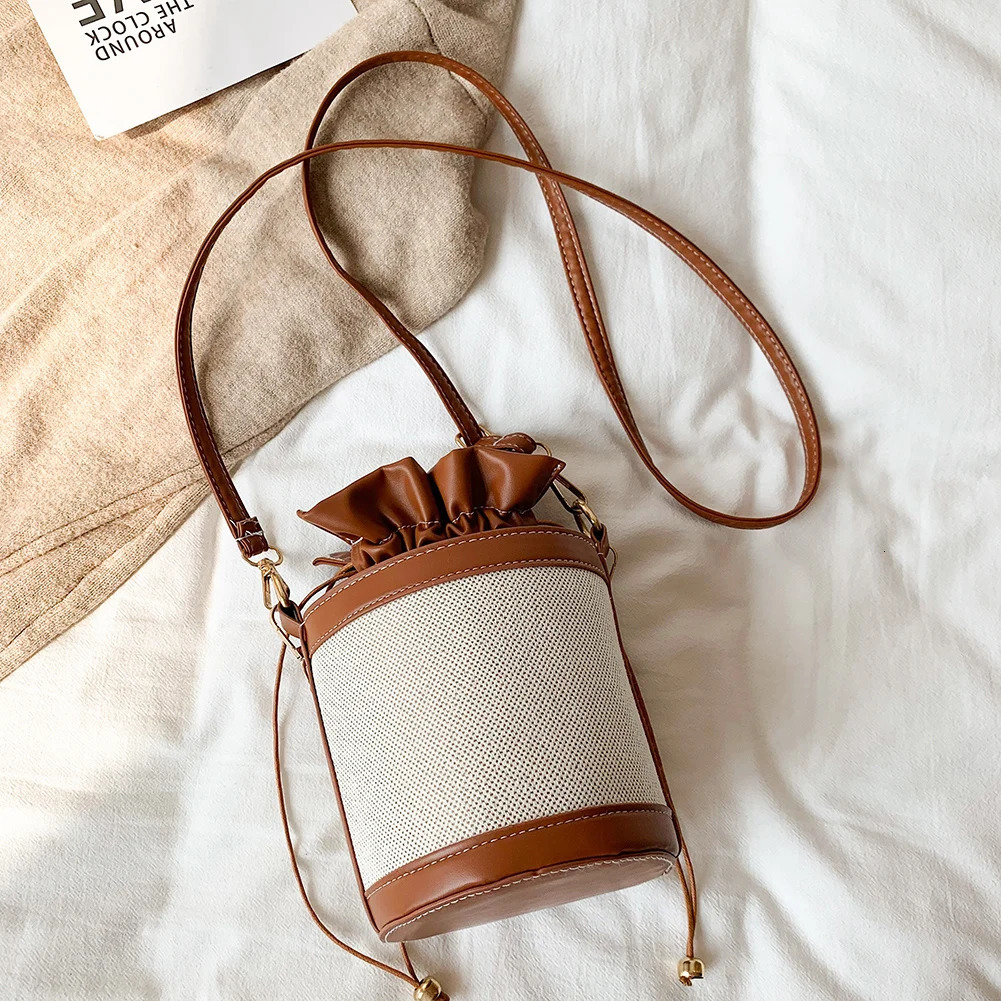 Ship from US Women Shoulder Bags Cylinder PU Leather Bucket Crossbody Bag Casual Drawstring Handbags Purse for Travel Shopping 250227FBB
