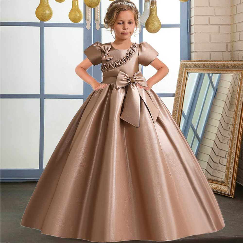 Girl's Dresses Teens Bridesmaid Bow Party Girls Dress Elegant Christmas Gown Short Sleeve Princess Kids Dress for Girl Evening Birthday Dress Y25