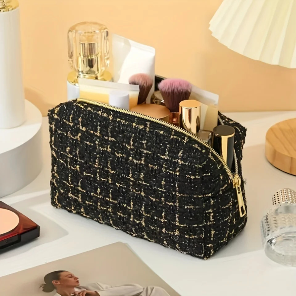 Ship from US Elegant Plaid Pattern Makeup Bag Travel Cosmetic Pouch Zipper Make Up Organizer Toiletry For Women Gifts 250227FBB