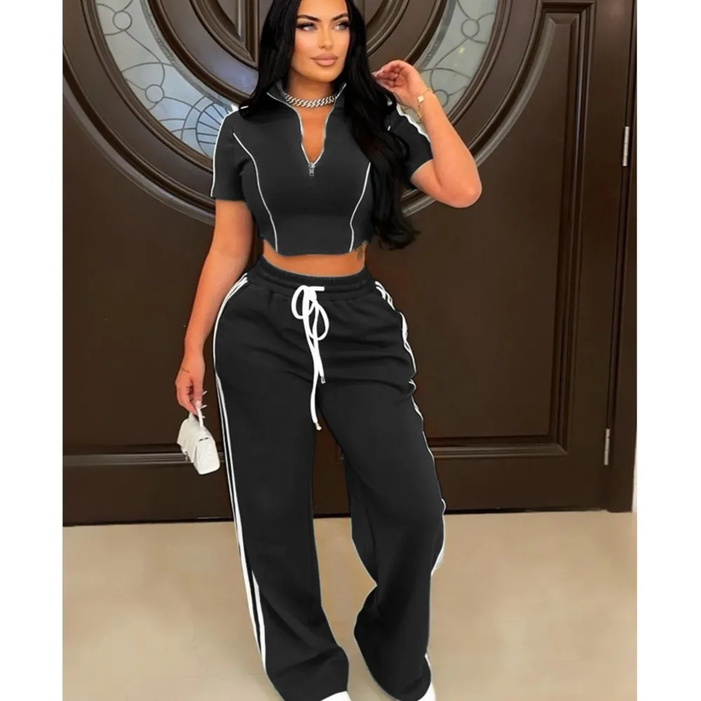 Fashion Casual Short Hoodie 2 Piece Women Summer Zipper Top Short Sleeved Sports T Shirt Stripe Splicing Long Pants Female Suit 250227
