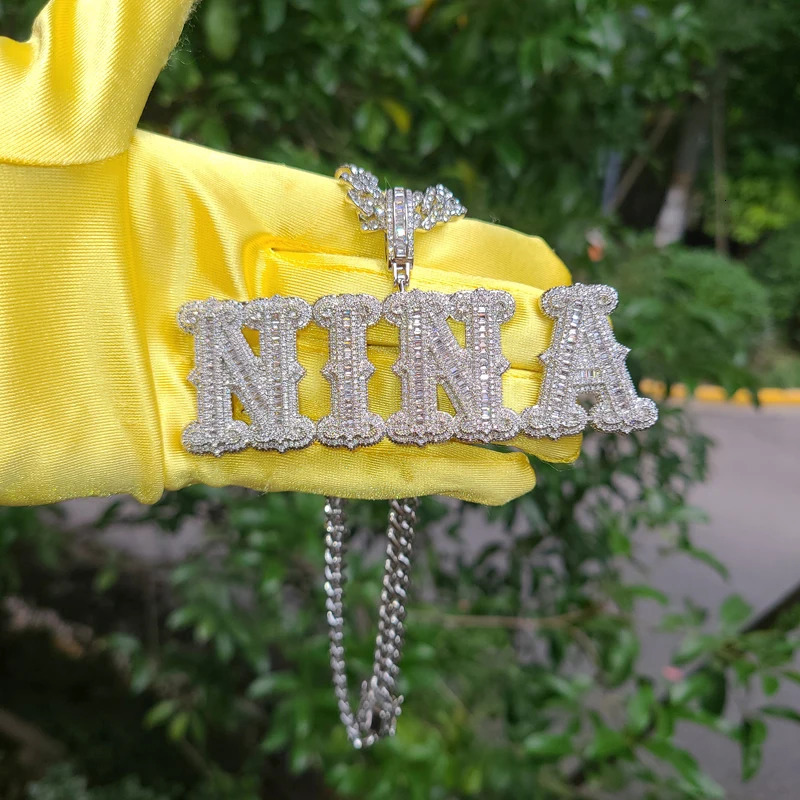 Customized Name Necklace A Zirconia Baguette Letters Cuban Chain Hip Hop Necklaces For Men Women Hip Hop Jewelry 250227