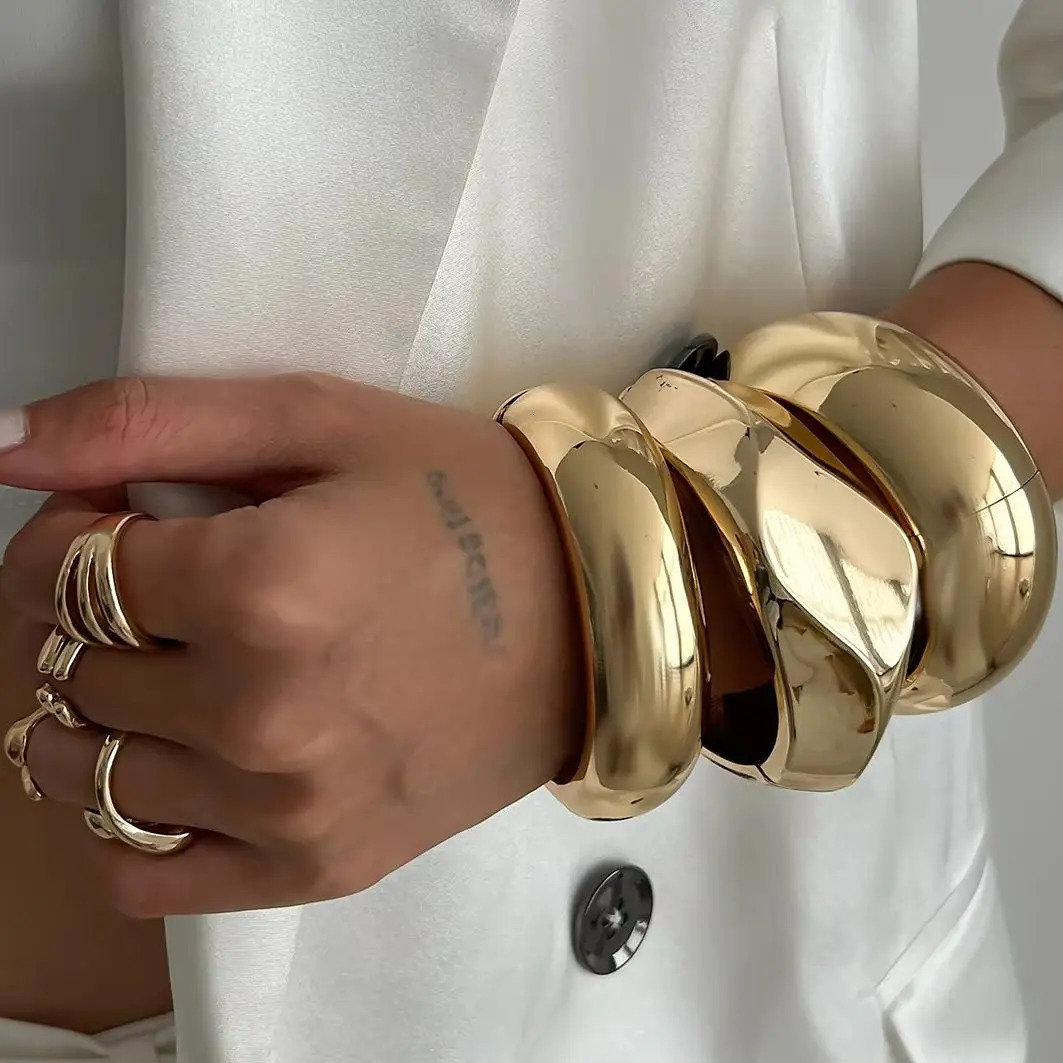 DIEZI Different Style Punk Cuff Bangles Bracelets Exaggerated Gold Silver Color Metal Geometric Wide Spring Bangles Women Men 250227