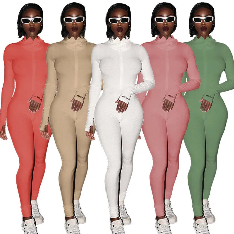 Workout Active Wear Ribbed Rompers Womens Jumpsuit Sporty Long Sleeve Fitness Embroidery Letter Print Zipper Jumpsuits 250224