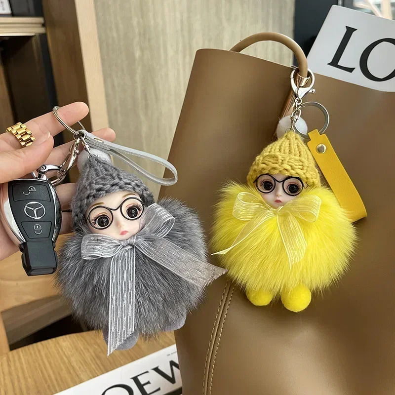 Cute Pompom Keychain Fox Fur Ball Keyring Plush Eyeglass Doll Pendant Fashion Key Holder Chain for Car Key Ring Women Bag 250227