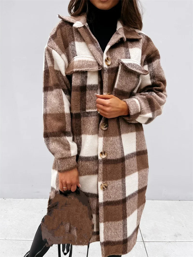 Women Check Tweed Long Shirt Autumn Winter Thickened Warm Single-breasted Cardigan Blouse Female Casual Double Pockets Outerwear 250226