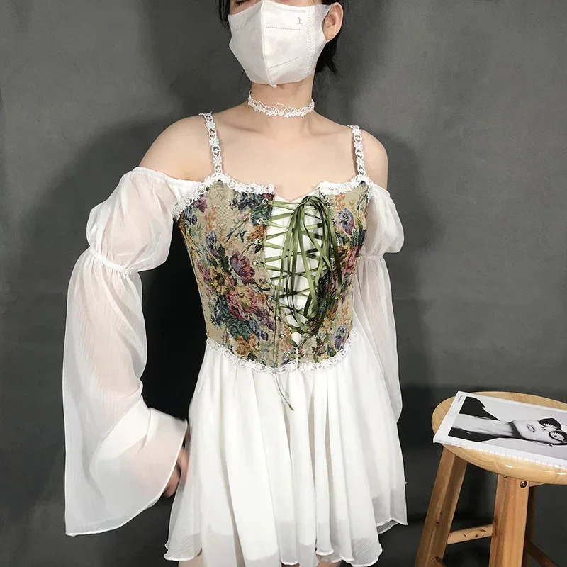 Fashion Lolita Shirt Women Tank Tops Harajuku Vintage y2k Corset Woman Clothing Blouses Sexy Ladies Crop Top Womens 250226