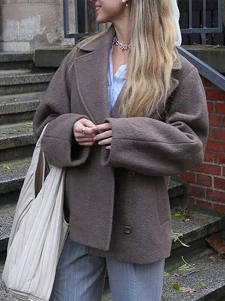 Vintage Turn-Down Collar Woolen Short Coat Women Retro Loose Button Pockets Solid Coats Female 2025 Autumn Chic Elegant Outwear