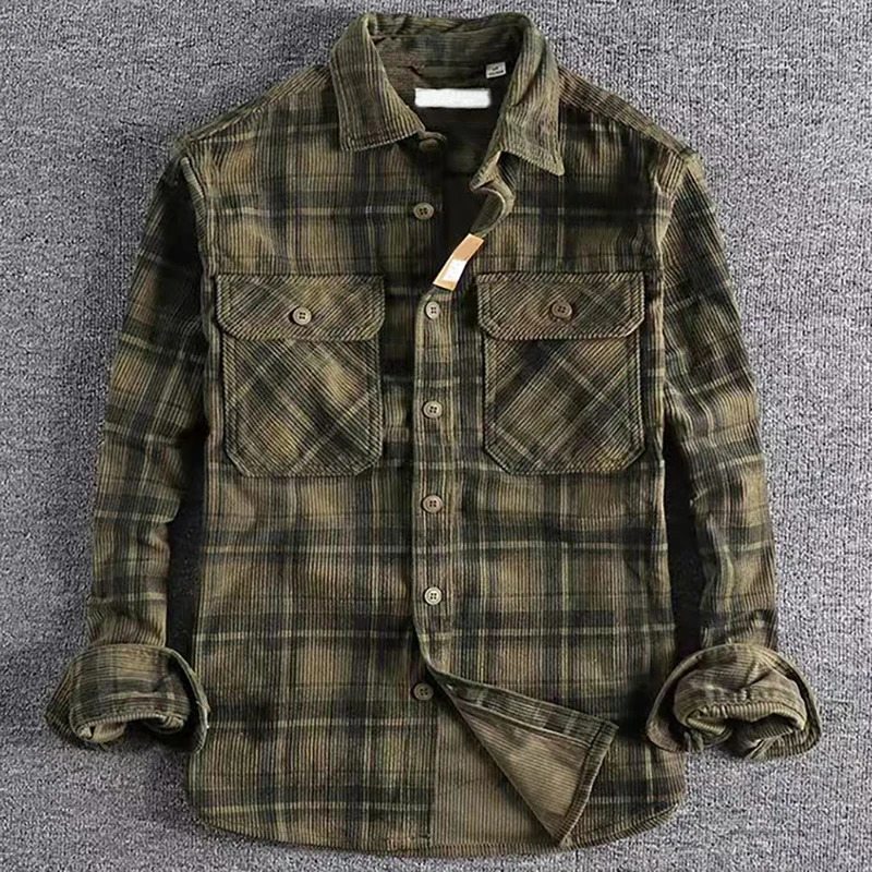 Vintage Japanese Mens Plaid Long Sleeve Shirt Spring Autumn Fashion Comfortable Corduroy Artistic Trendy Classic Shirts Tops 250226