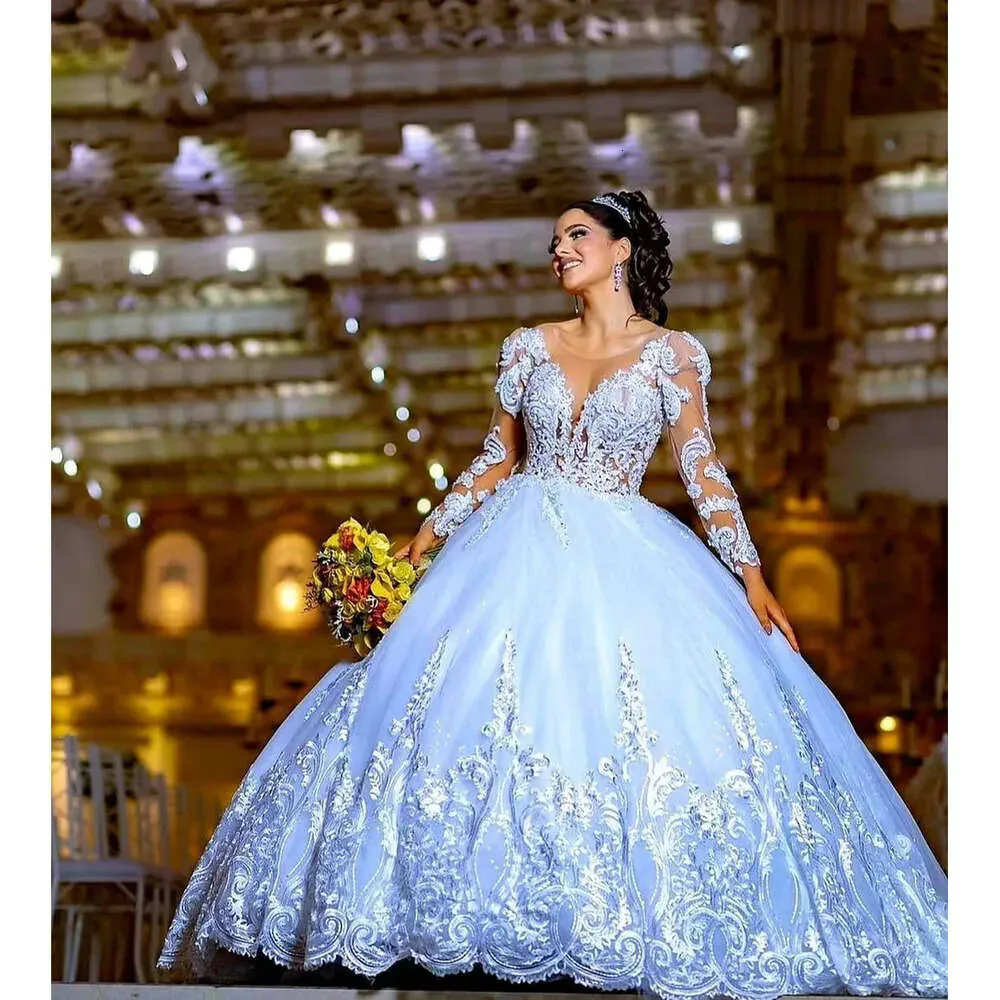 Long Sleeves Ball Gown Wedding Dress Floral Appliques Scoop Neck Princess Bridal Gowns Chic Bride Dress Vestido De Noiva 02