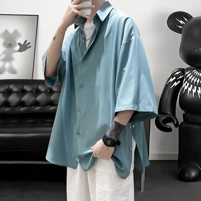 Summer Short Sleeved Shirt Men Oversized Social Mens Black Dress Shirt Korean Loose Casual Ice Silk Shirt Mens White Shirts 250224