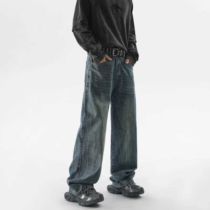 Autumn Mens Vintage Nostalgia Wide Legs Jeans High Street Casual Washed Distressed Baggy Straight Trousers Black Blue Male X250227