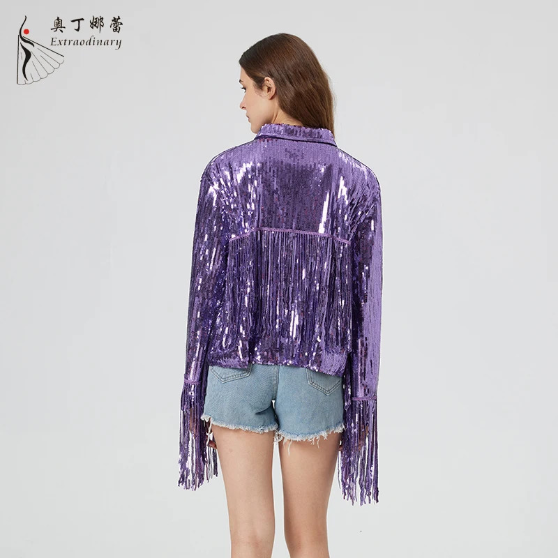 Distinctive Womens Sequin Suit Jacket Tassels Informal Occasion Purple Coat 250227
