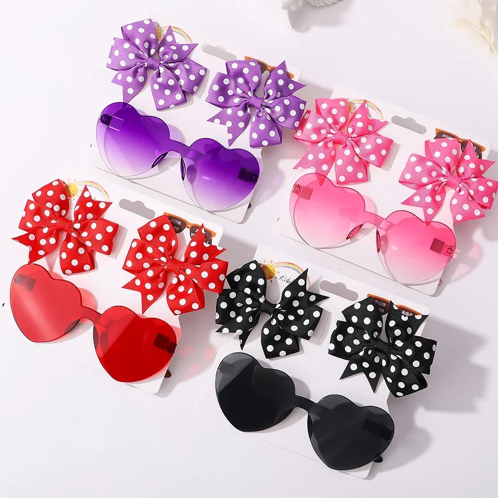 3Pcs/set Kids Cute Solid Dot Hairpin Colorful Heart Sun Glasses Set Girls Boutique Bowknot Hair Clips Children Hair Accessories 250227