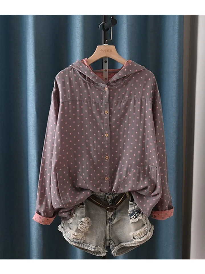 Lamtrip Unique Vintage Polka Dots Pattern Double Layers Cotton Yarn Long Sleeve Hooded Cardigan Shirt Blouse Autumn 250226