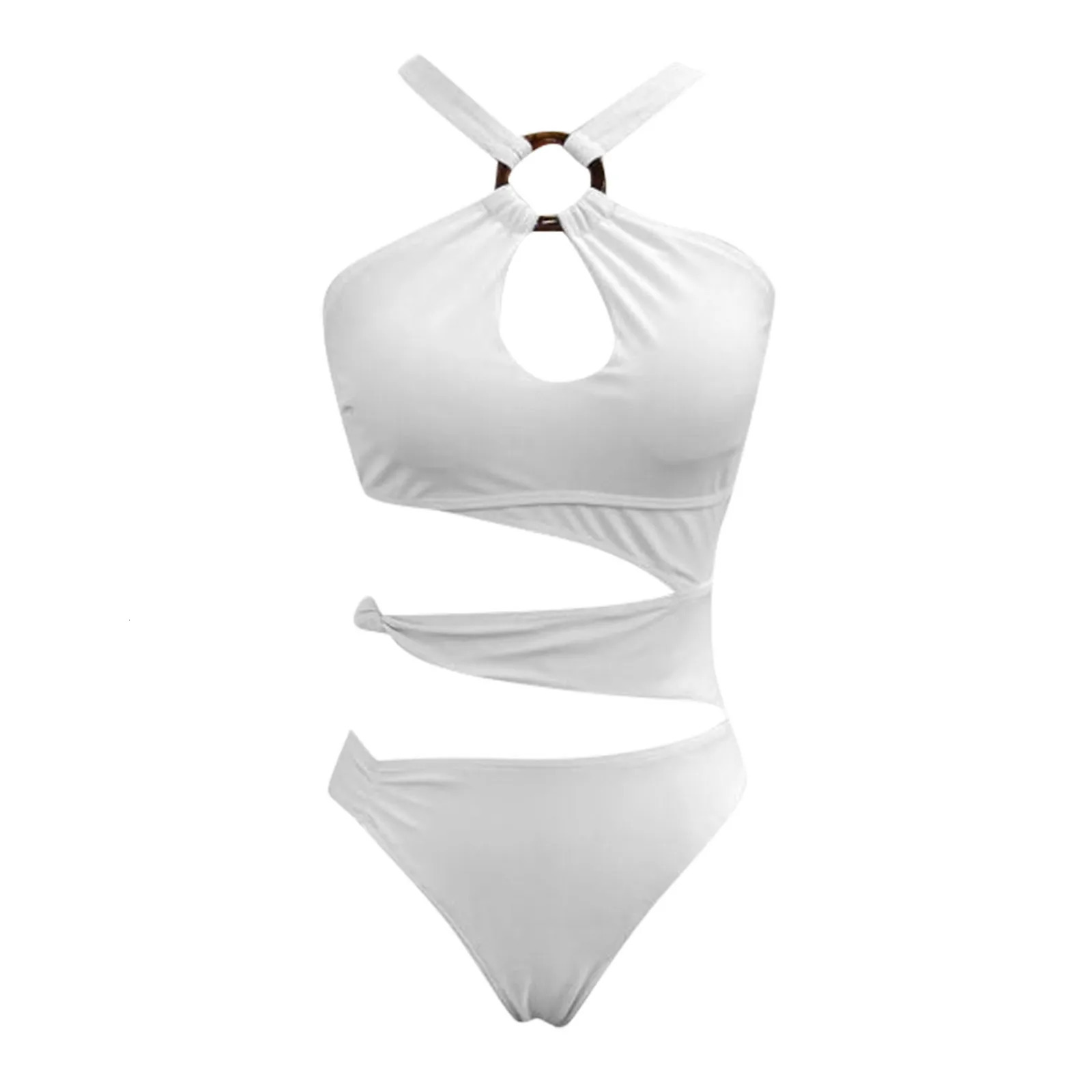 Sexy Halter Irregular Cutting Bikini Set Push-Up Bra Padded Swimsuit White Slim Beachwear High Leg Cut Loop Swimwear 250226