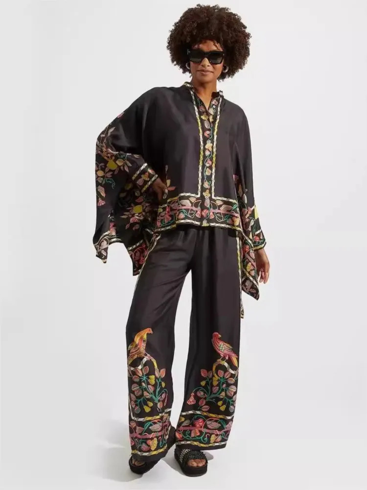 Vintage Print Pants Sets Women Irregular Loose Long Sleeve Shirt Wide Leg Trousers Two Piece Set Female Fashion Trend Streetwear 250226