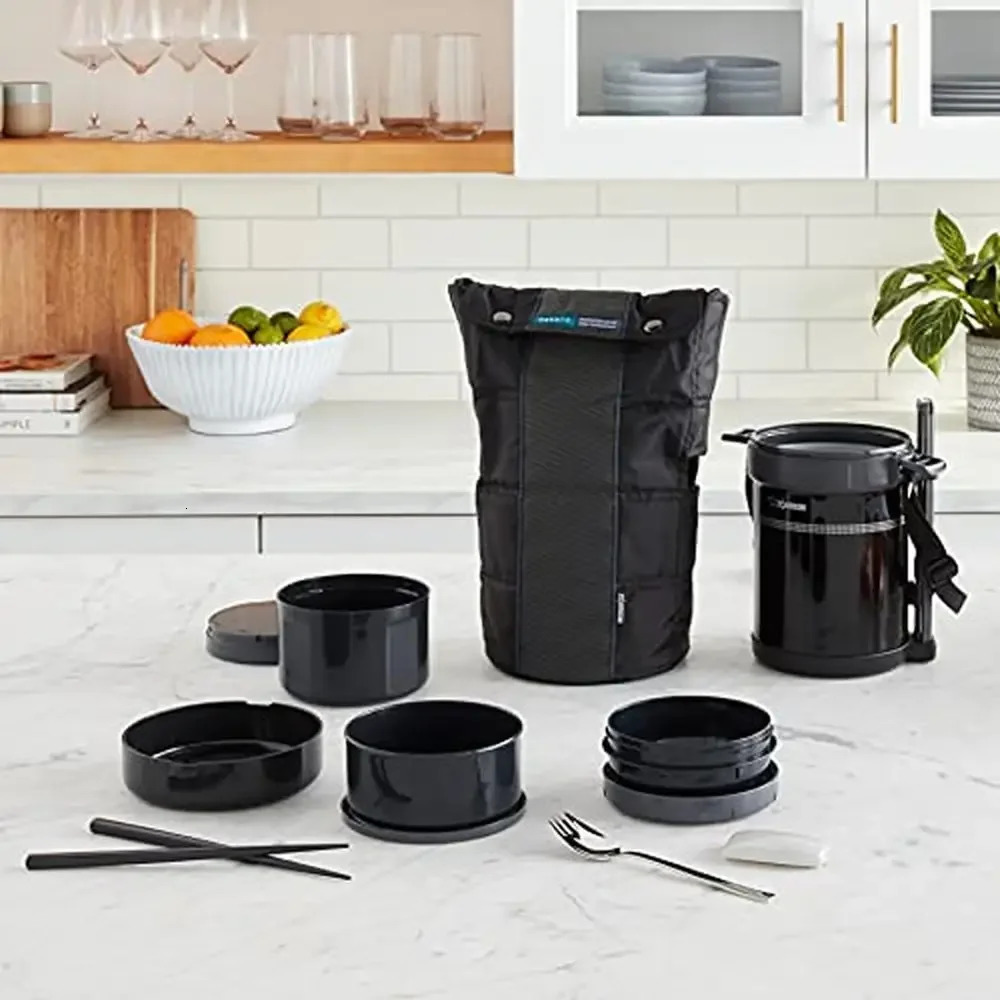 Ship from US Stainless Steel Vacuum Insulated Bento Lunch Jar 3 Containers Forked Spoon Bag 670ml 250227FBB