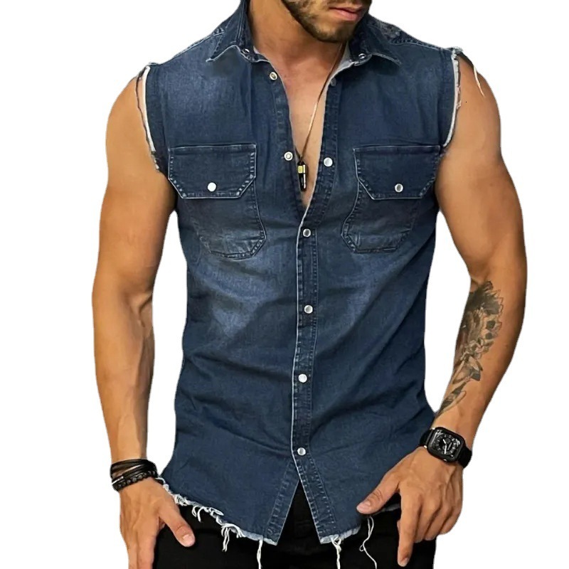 Designer Fashion Trendy Sexy Cowboy T-shirt Flip Collar Sleeveless Cardigan Muscle Tank Top Men's Wear