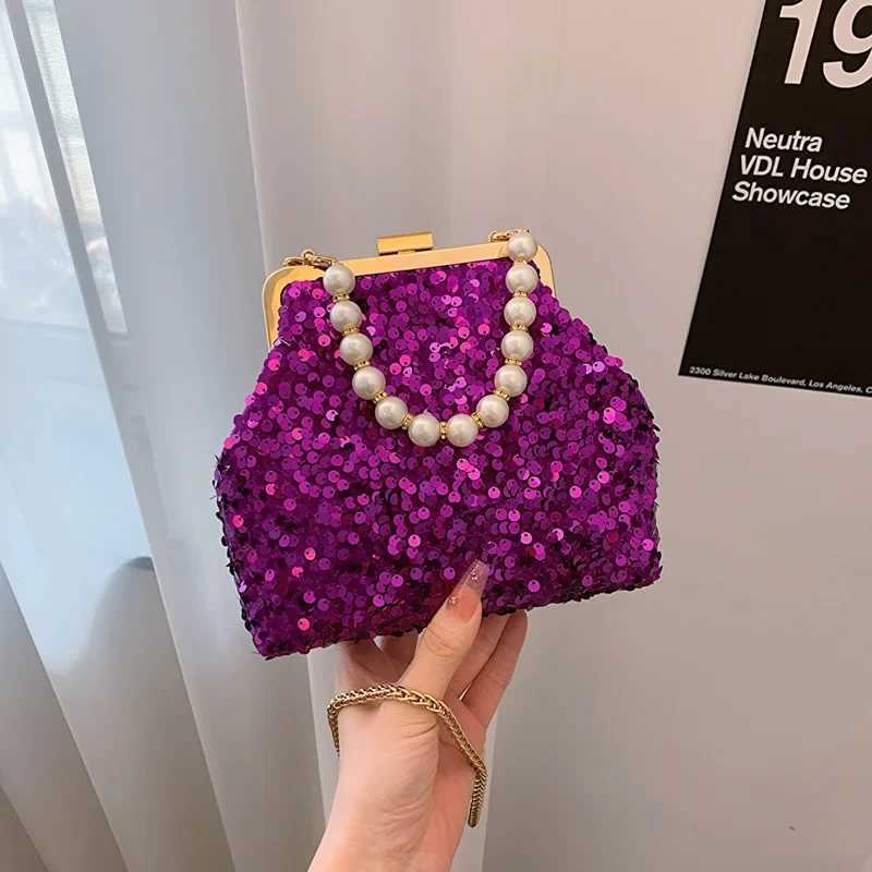 New Arrival Vintage Rose red Silver Purple Sequin Evening Bags Pearl Chain Handbag For Women Wedding Party Chain Shoulder Bags Small Clutch T250227