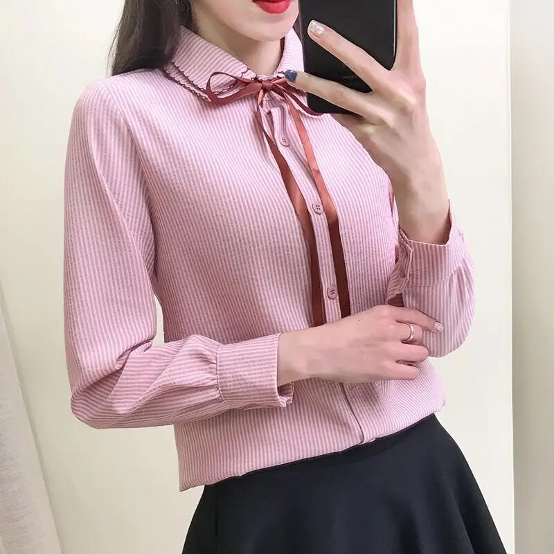 Spring Autumn Sweet Double Layered Collar Shirt Korean Drawstring Bow Womens Clothing Commute Single-breasted Striped Blouse 250226