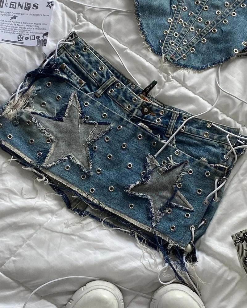 Y2K Fashion Star Patch Embroidered Sexy Skirt Women Streetwear Vintage Gothic Harajuku Sexy Spice Slim Mini Skirt Suit 250226