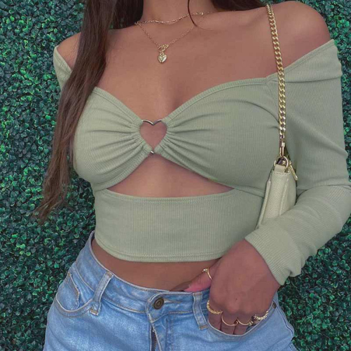 Sexy hollowed out chest revealing T-shirt 2025 new short style with exposed navel versatile top for women